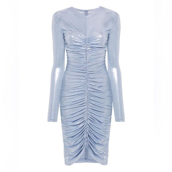 Norma Kamali V neck mini dress silver blue ruched bodycon FWRD Revolve S - Picture 1 of 11